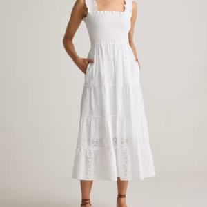 เดรสลำลองสีขาวสำหรับฤดูร้อน ขายดีสำหรับผู้หญิง ผลิตจากผ้าฝ้ายรักษ์โลก ความยาวปานกลาง แต่งลายปักตาไก่ ดีไซน์ธรรมชาติ - Product Image 2