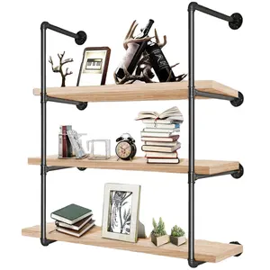 Công nghiệp 3-Tier Wall Mount sắt ống Kệ Đen DIY Ống kệ sách Nhà Bếp kệ cho phòng ngủ phòng khách