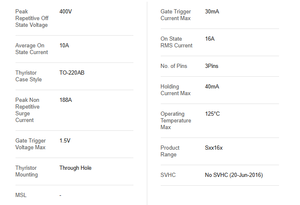 Composants électroniques Thyristor S4016RTP TO-220-3 10A 30mA 125C - Product Image 6