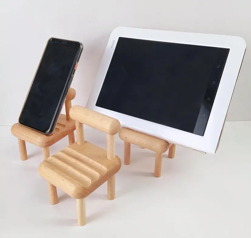 2022 귀여운 의자 모양 테이블 책상 지원 나무 휴대 전화 홀더 스마트 나무 핸드폰 태블릿 전화 홀더 스탠드 데스크탑