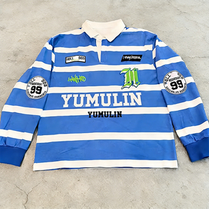 Chemises polo en coton à col brodé surdimensionné avec imprimé <span class=keywords><strong>vintage</strong></span> personnalisé, chemises à manches longues rayées de style rugby pour hommes - Product Image 3