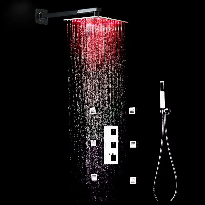 Gibo-grifo de ducha termostático con luz LED, cabezal de ducha de 16 pulgadas, chorro de masaje giratorio, Sistema mezclador de ducha con manos