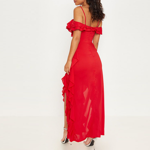 2020 Sexy Red <strong>Cold</strong> <strong>Shoulder</strong> Spaghetti Strap Ruffle Split Party <strong>Maxi</strong> <strong>Dress</strong> Women - Product Image 2