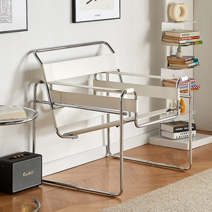 Fauteuil KD Constructivist en acier inoxydable avec cadre <span class=keywords><strong>tubulaire</strong></span> et assise en <span class=keywords><strong>cuir</strong></span> blanc pour loft urbain et bureau à domicile - Product Image 5