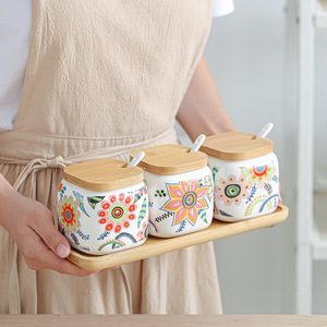 Ensemble de bols à sel et à sucre en céramique, lot de <span class=keywords><strong>3</strong></span> pots à <span class=keywords><strong>condiments</strong></span>, pot à épices avec couvercle, cuillère et plateau pour la cuisine à domicile - Product Image 3