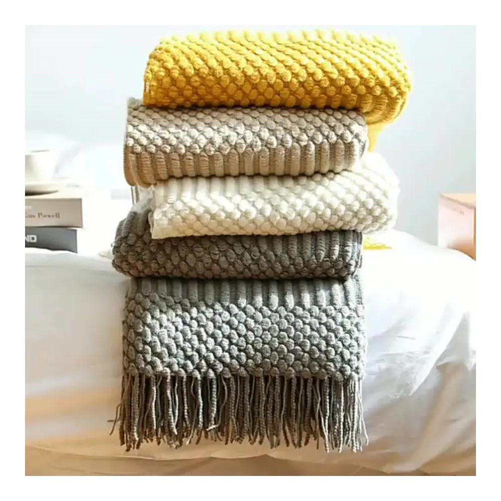 Couverture en laine tricotée pour lits avec pampilles couvertures en tricot hunky pour la décoration de la maison