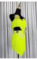 Robe de danse latine jaune néon personnalisée pour filles, avec franges et pompons, costume de compétition de salsa, tenue de danse latine, ensemble de robe