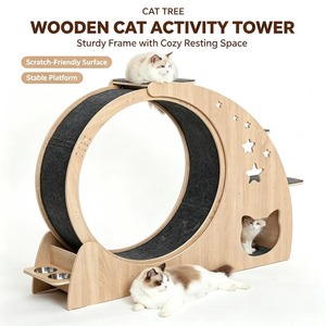 Roue d'exercice pour chat en bois naturel avec abri et gamelles, tapis épais, piste silencieuse, équipement <span class=keywords><strong>de</strong></span> fitness intérieur pour animaux <span class=keywords><strong>de</strong></span> compagnie - Product Image 1