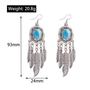 New Bohemian Ethnic Style Turquoise Accessories Ancient Silver <b>Tassel</b> Feather <b>Earrings</b> - Product Image 5