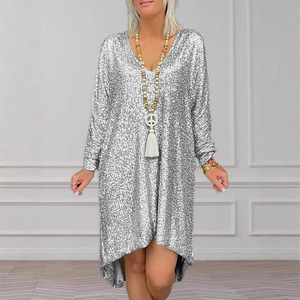 <b>Sequined</b> Shirt Dress V-Neck Asymmetric Loose Fit Cocktail Dress Gold Long Sleeve Women's Party Wear - Product Image 4