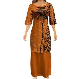 Hawaiian Island Style Plumeria Flower Print Traditional Dresses Samoan Puletasi Set Long Top Summer Clothes for Women Plus Size