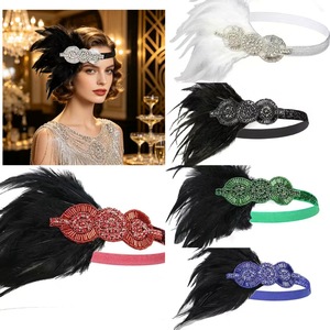 Diadema con plumas estilo Flapper para mujer, banda para el cabello vintage con diamantes de imitación, accesorio para disfraz de los años 20, para Halloween, despedida de soltera, mascarada - Product Image 1