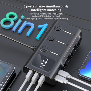 Simr Thuốc lá nhẹ hơn Adapter 120W 3 ổ cắm điện splitter 5 cổng USB nhanh chóng sạc xe hơi với <span class=keywords><strong>LED</strong></span> hiển thị điện áp On Off chuyển đổi - Product Image 2