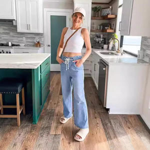 2024 para <span class=keywords><strong>Amazon</strong></span>, pantalones acampanados de cintura alta elástica para mujeres europeas y americanas, pantalones vaqueros sueltos Y2K con ajuste ajustado - Product Image 4