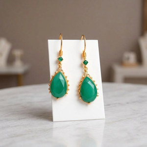 Designer Vintage Rhodium Plated Sterling Silver Dangle <b>Earrings</b> Faceted Green <b>Onyx</b> Gemstone Pear Shape Drop Trendy Style Wedding - Product Image 3