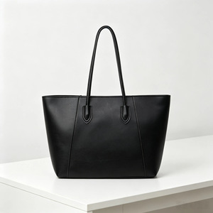 Sac fourre-tout minimaliste en cuir véritable noir, ouvert en dessus, grande capacité, sac à bandoulière quotidien pour femmes, toutes saisons - Product Image 1