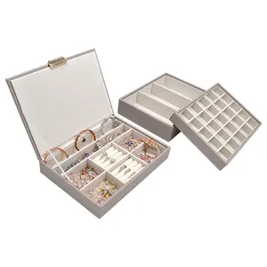 Organisateur de bijoux en cuir, 3 plateaux, boîte empilable, plateau de boîte, pour colliers, bagues, boucles d'oreilles