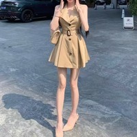 Robe chemise sans manches kaki à revers pour femme, style trench, coupe trapèze plissée, flatteuse pour la silhouette, collection printemps, style coréen décontracté