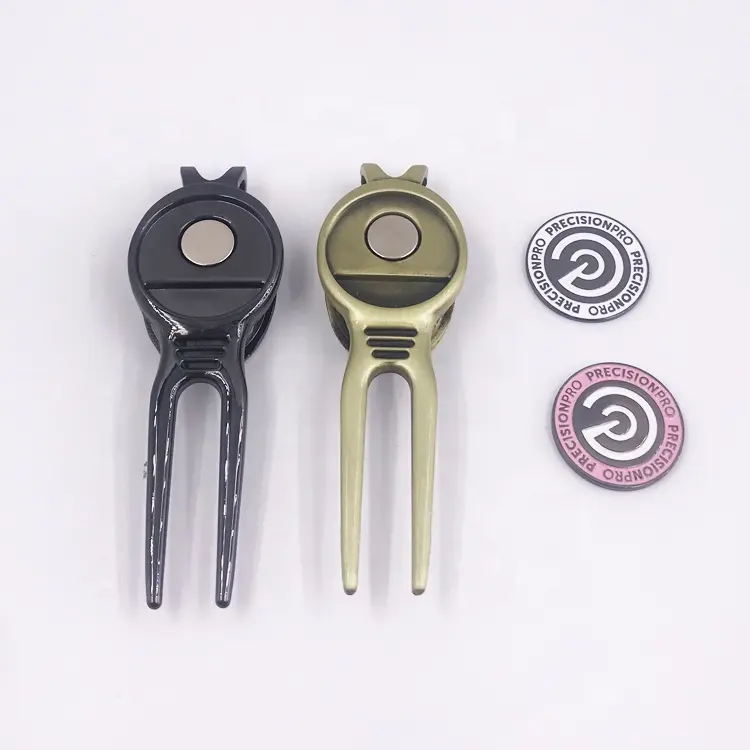 Custom Magnetic Ball Marker Golf Divot Tool with integrated belt clip.