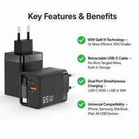 Adaptor Daya PD 3.0 65W Pengisi Daya Cepat Multi Port 3-in-1 yang Dapat Ditarik, Dilengkapi OTP/OVP, Colokan US/EU/UK untuk Laptop