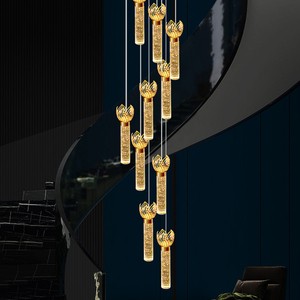 Lustre Cylindrique en Cristal Prisme Effet Bulle avec Couronne Florale Dorée, Luminaire Élégant pour Grand Hall d'Entrée et Escalier - Product Image 4