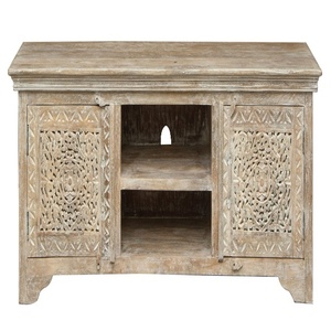 Hand-Carved Solid Wood TV <b>Unit</b> with <b>Storage</b> Cabinets & <b>Open</b> Shelves – Rustic Natural Finish - Product Image 6