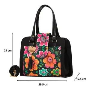 Bolso Tote para Mujer Fana, Lona Negra con Estampado Floral, Cierre de Cremallera, Estilo Bohemio, para Todas las Temporadas - Product Image 4