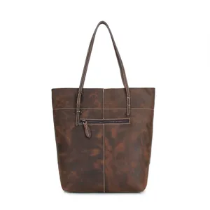 Bolsa de mão de couro bovino natural feminina, bolsa para compras de grande capacidade de ombro, sacola retrô de couro genuíno