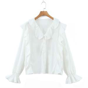 Chemisier en mousseline blanc pour femme Runqi N8335, col à volants, col noué, manches longues, chemise de tous les jours, couleur unie, tissu polyester - Product Image 1