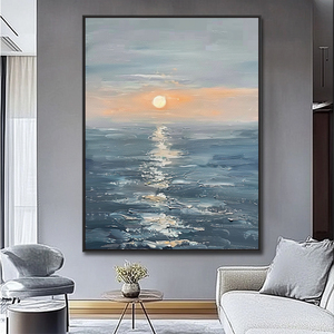 ภาพวาดสีน้ำมันวาดด้วยมือ ภาพทิวทัศน์ทะเลยามเช้าแบบเรียบง่ายทันสมัย สำหรับตกแต่งผนังห้องนั่งเล่น ห้องรับประทานอาหาร ห้องนอน - Product Image 3