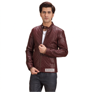 Veste en cuir PU matelassée bordeaux pour homme, style motard, col montant, fermeture éclair, coupe ajustée, vêtements d'automne, vestes en cuir pour homme - Product Image 3