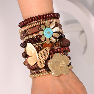 Papillon fleur fait à la main perlé <span class=keywords><strong>bois</strong></span> Bracelet Vintage Bracelet ensemble pour femmes bijoux cadeau - Product Image 1