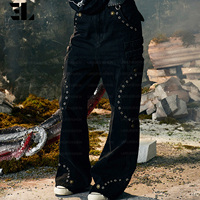 LARSUR Custom Denim Factory Premium Distress Wash Flare Denim Pants Studded Rivet Ripped Damage Street Wear Cargo BootCut Jeans