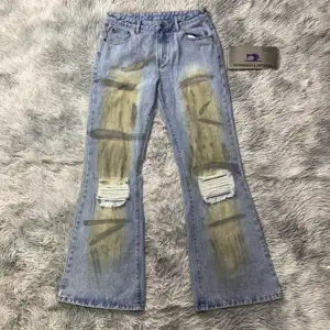 DENIMGUYS Custom Dirty Graffiti Paint Men's Denim Flared Pants Vintage Ripped Distressed Hip Hop Boot Cut Stacked Jeans Men