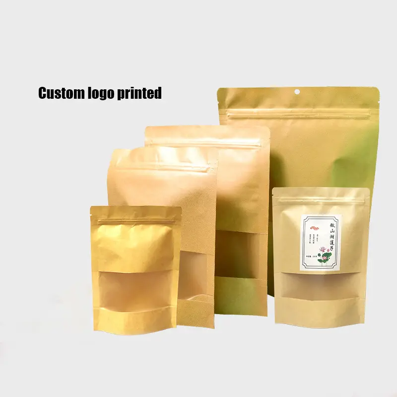Sacchetti di carta kraft biodegradabili con chiusura a zip in piedi per uso alimentare stampati personalizzati