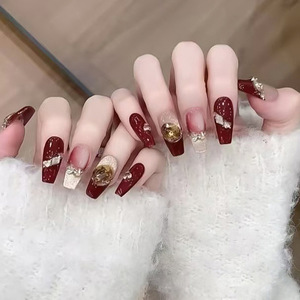 Uñ<span class=keywords><strong>as</strong></span> Postizas Coffin Nails en Degradado Borgoña y Dorado, Hechas a Máquina en ABS, 24 Piezas, Uñ<span class=keywords><strong>as</strong></span> Francesas con Lazo para Mujer - Product Image 1