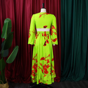 Hot Sale <b>Sexy</b> Deep V Floral Print Ruffled Slit Skirt 2-piece <b>Set</b> Women Fashion - Product Image 3