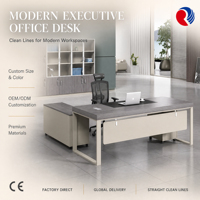 Bureau de direction en forme de L, bureau moderne pour PDG avec tiroirs de rangement, plateau en bois grainé, structure en métal pour bureau de directeur