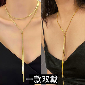 สร้อยคอแฟชั่นสแตนเลสสตีลแบบเลเยอร์ - สร้อยคอโซ่ลายกระดูกงูยาวพิเศษเคลือบทอง 18K - Product Image 6