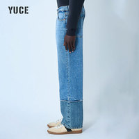 Jeans à jambes larges avec ourlet en panneau, denim OEM, pour hommes, bleu délavé, coupe ample, logo personnalisé, pantalon baggy pour hommes
