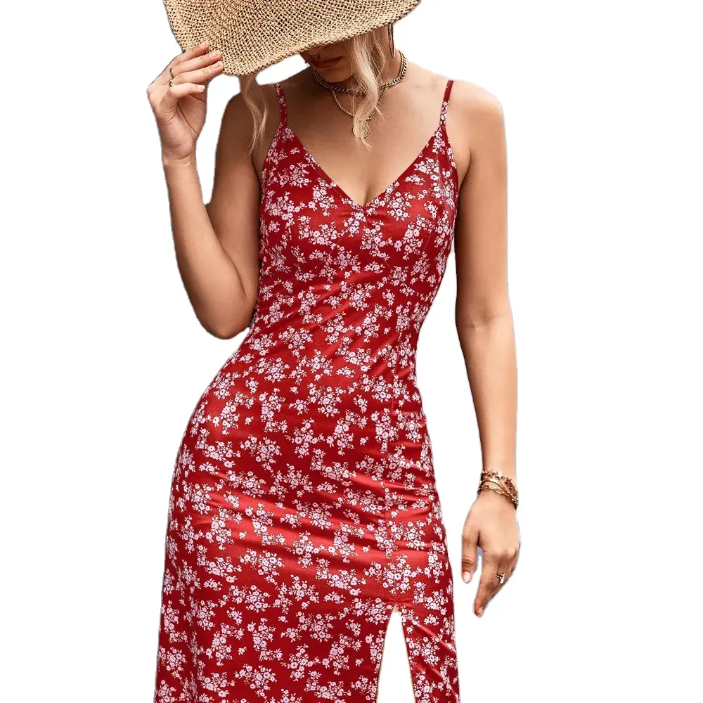 Gaun belah bunga punggung terbuka lapisan ganda tanpa lengan V-neck seksi untuk wanita pakaian produsen kustom