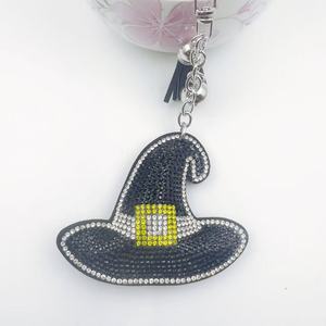 Nouveau stock usine Porte-clés chapeau de <span class=keywords><strong>sorcière</strong></span> à paillettes, strass et pompon en cristal, breloque de sac en cuir - Product Image 3
