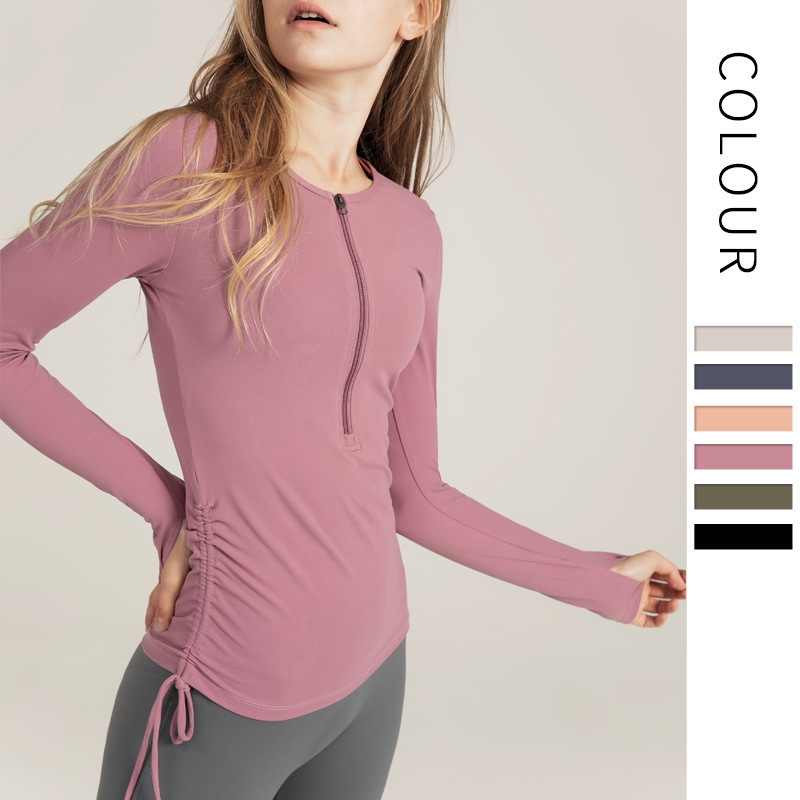 Autumn Women's Athletic Long Sleeve Top Half Zip Drawstring Waist Ruched Slim Fit Feel Sportswear for Yoga Workout Fitness