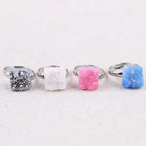 Fashion accessories jewelry open square crystal natural stone druzy ring adjustable gemstone rings