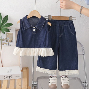 Conjunto de <span class=keywords><strong>dos</strong></span> piezas de pantalones de manga corta a rayas de verano para niñas, ropa informal delgada de moda para niños, uso diario - Product Image 4