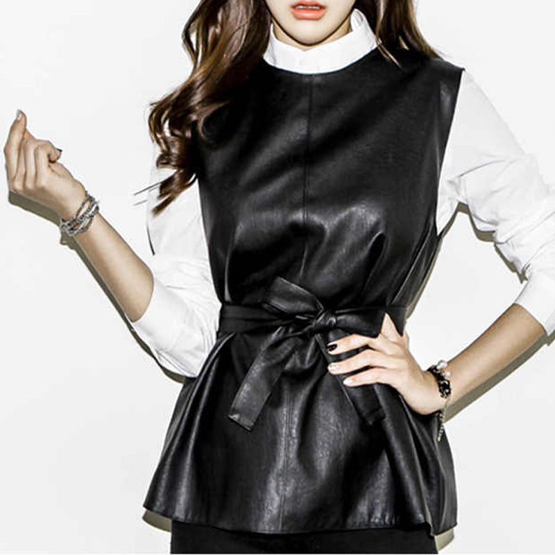 3187 Korean Style Real Leather Gilet Pullover Black Elegant Custom Leather Vest for Women