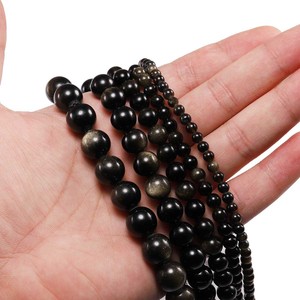 Perles d'obsidienne naturelle rondes noires et dorées pour la fabrication de bijoux, accessoires DIY en gros - Product Image 4