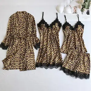 Robe de nuit en soie imprimé léopard pour femmes, 4 pièces, ensemble bralette, tenue de salon, vente en gros, collection