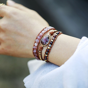 Bracelet perlé multicouche en cordon de cuir, pierre de cristal en forme de goutte d'eau, style bohème, bijoux cadeau - Product Image 2