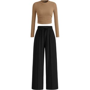 Conjunto de 2 Piezas para Mujer FOXA, Top Corto de Manga Larga y Pantalones Anchos, Conjunto Combinado de Tela Acanalada para Primavera y Otoño - Product Image 1